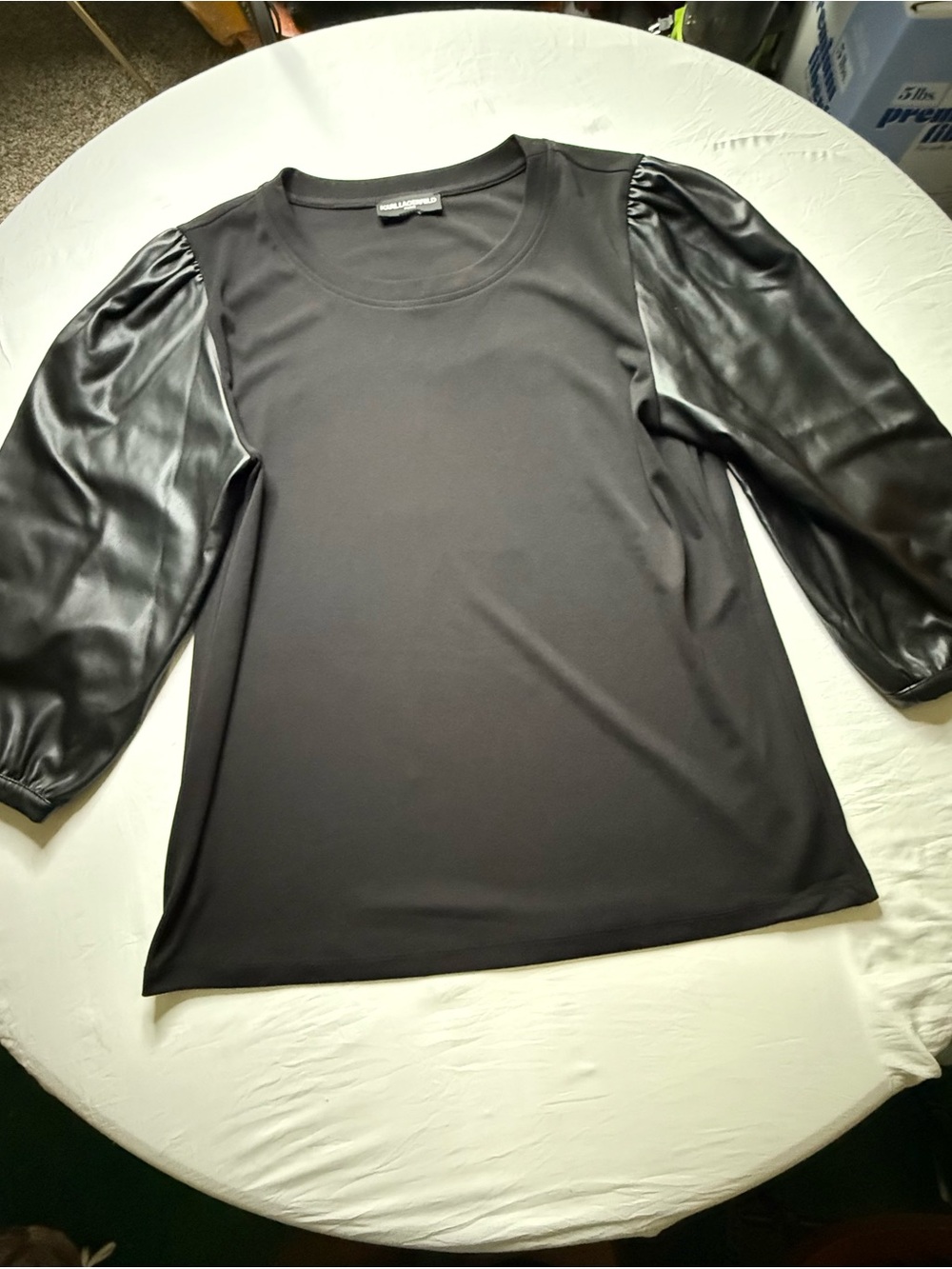 Karl Lagerfeld Black Puff Sleeve Top with Faux Leather Sleeves